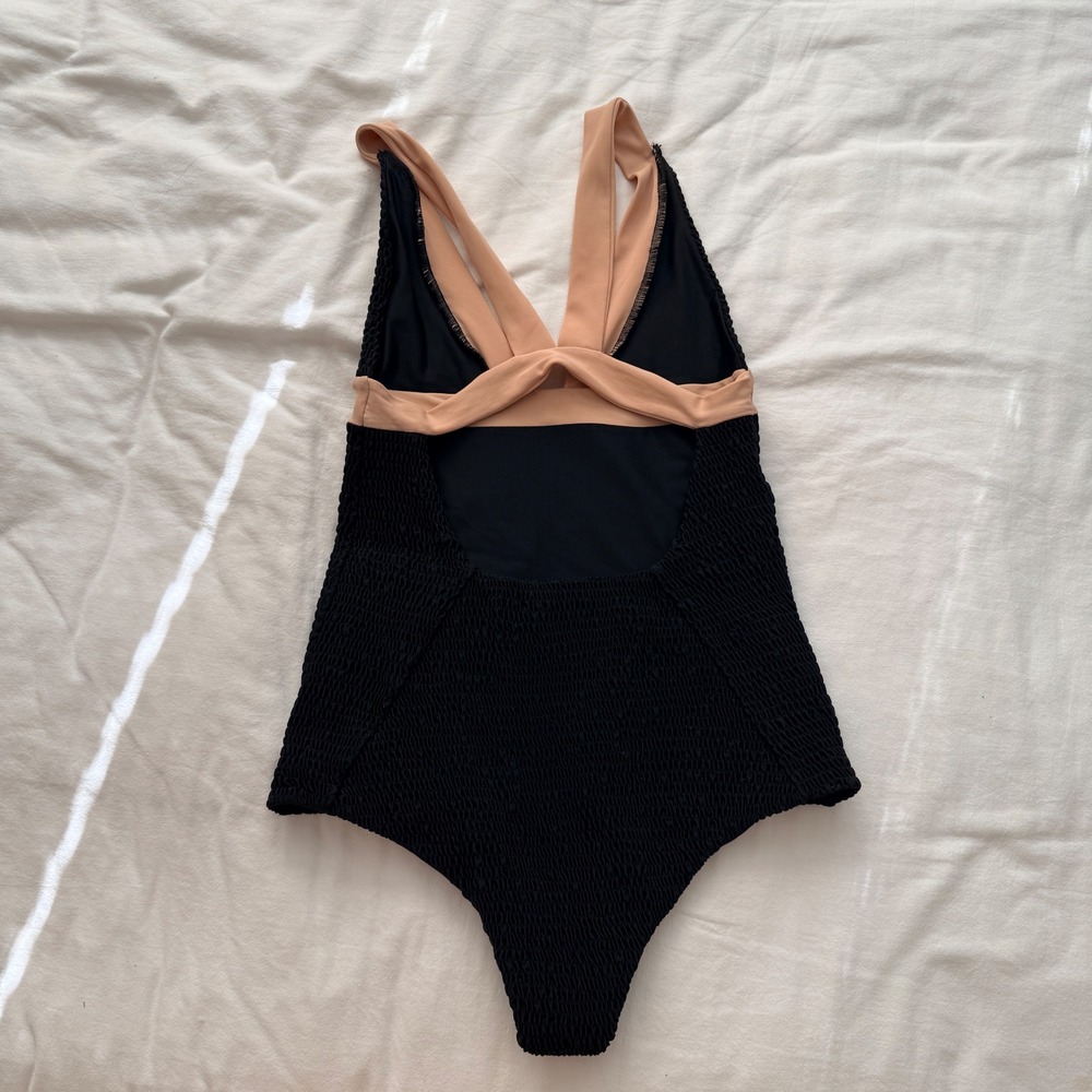 Tori Praver One Piece Swimsuit Black Peach Small Smocked Textured V-Neck Bali